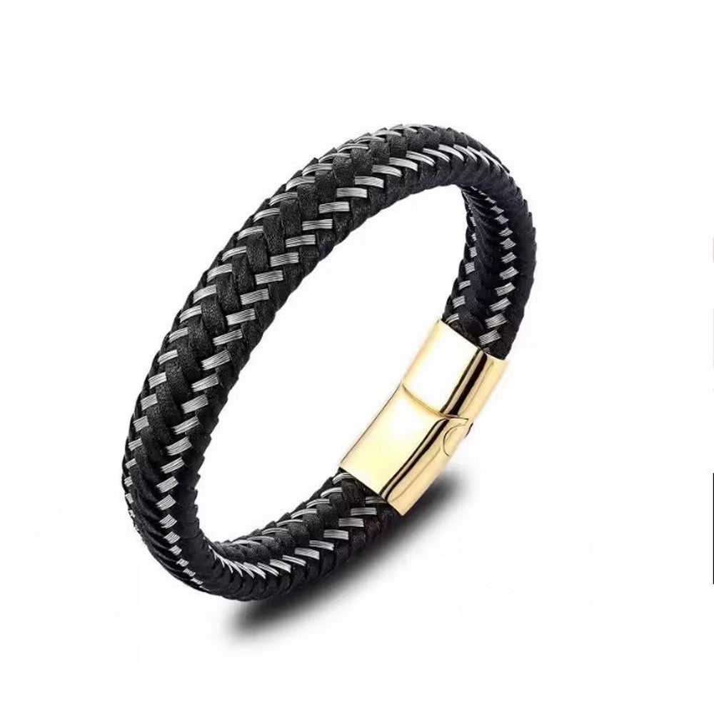 Pulseira de couro entrançado com fivela metálica