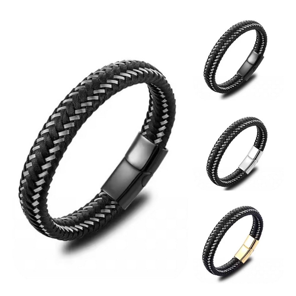 Conjunto 3 Pulseiras de couro entrançado com fivela metálica
