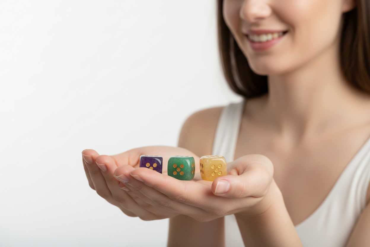 Conjunto 3 Dados de Pedra Semi‑Preciosa (Ametista / Aventurina Verde / Jade Amarela)