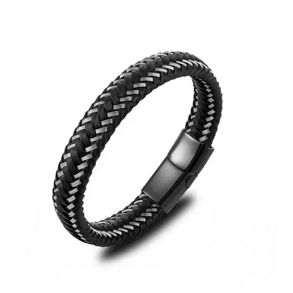 Pulseira de couro entrançado com fivela metálica