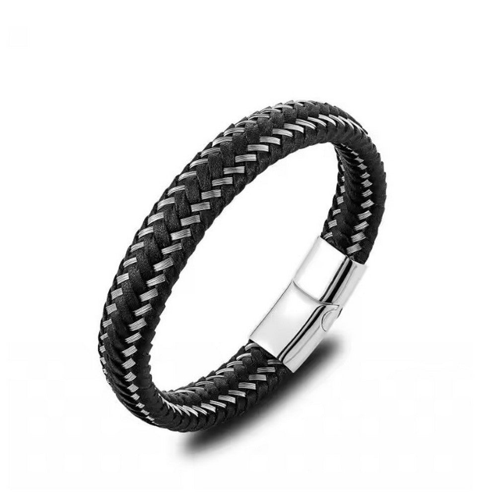 Pulseira de couro entrançado com fivela metálica